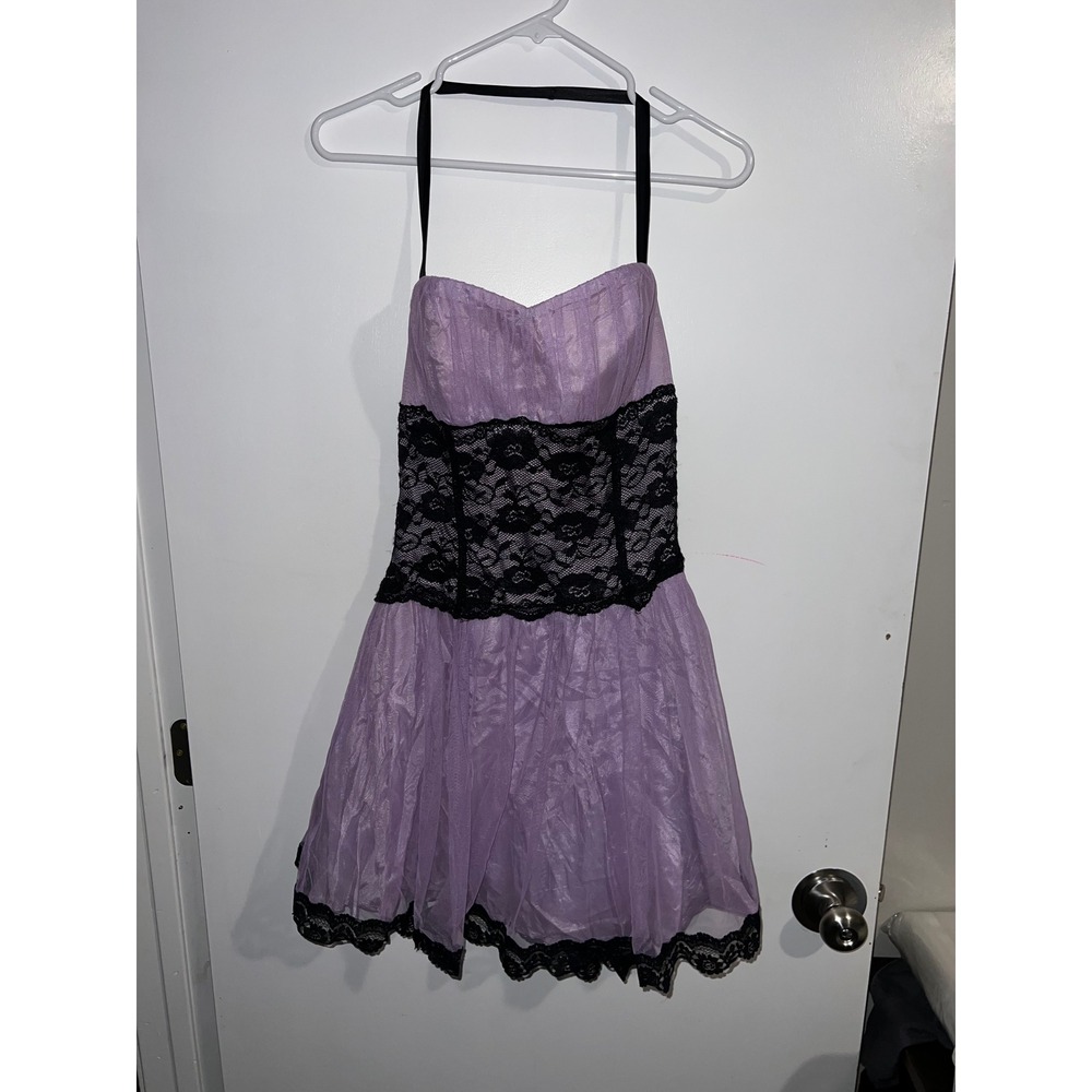 Deb Women Purple Black Lace Halter Mini Dress Size Medium Y2K Party Prom